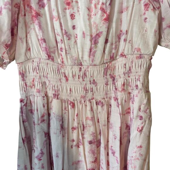 Pink & White Floral Dress Ruffled Neckline Smocked Waist Puff Sleeves, Romantic - Picture 3 of 7